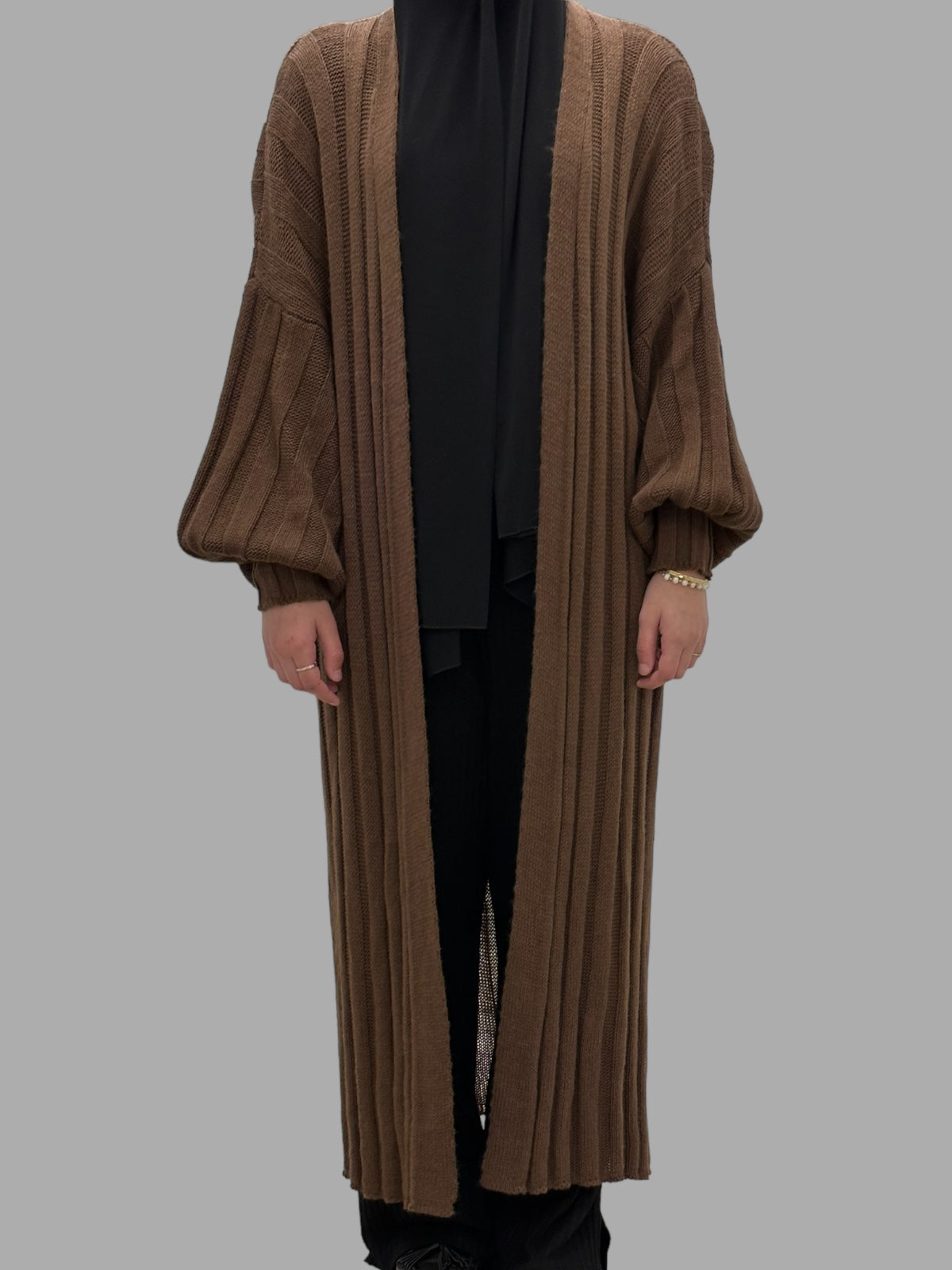 Long Knitted Cardigan - Brown