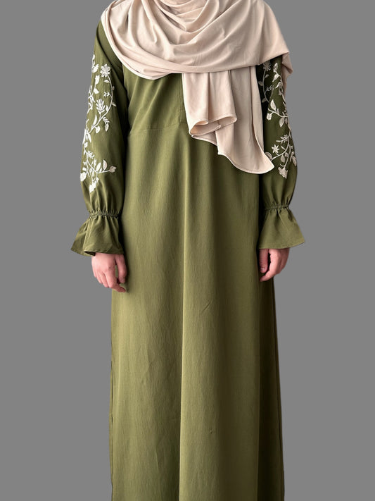 Embroidered Flower Dress - Olive Green
