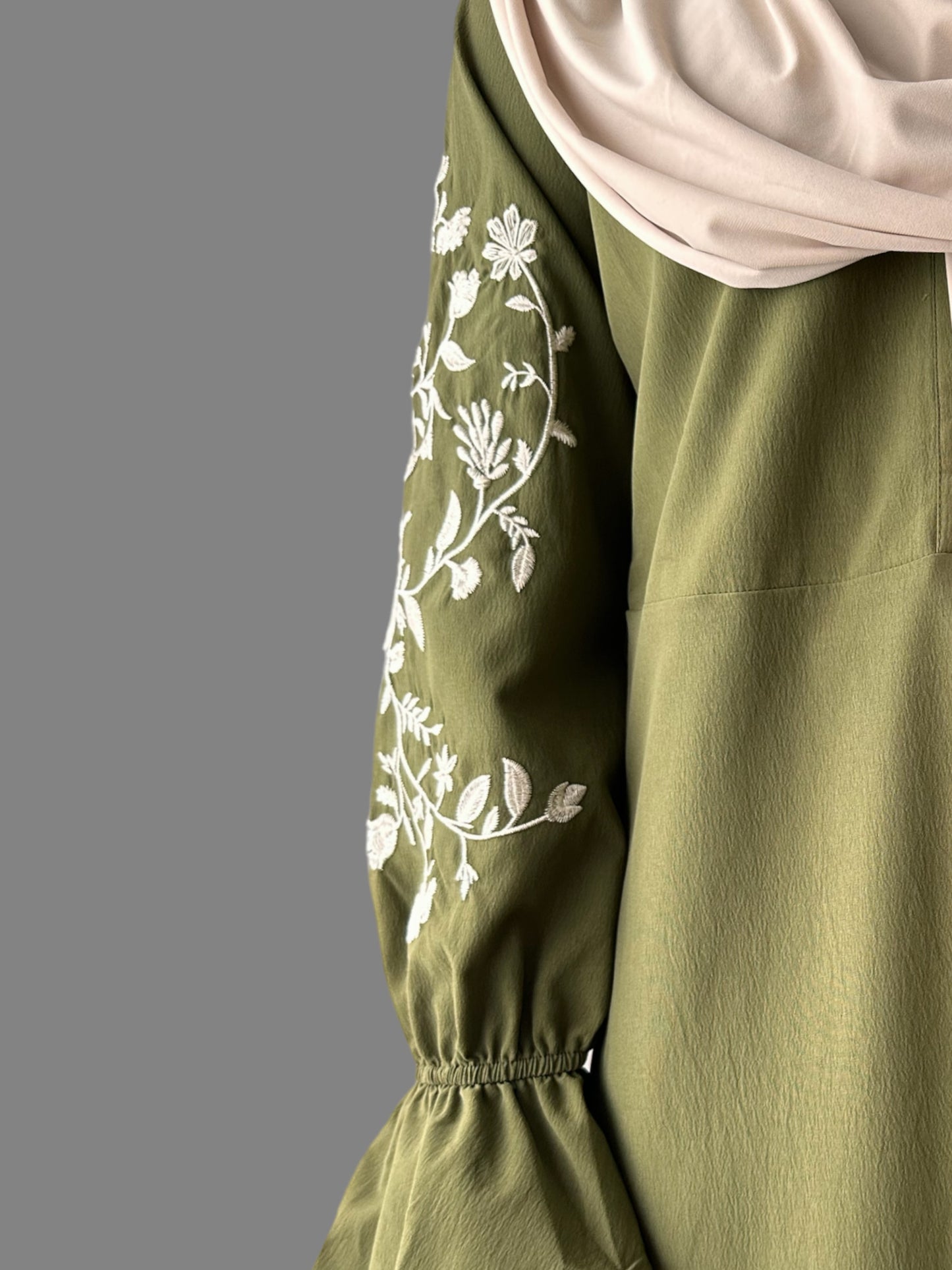 Embroidered Flower Dress - Olive Green